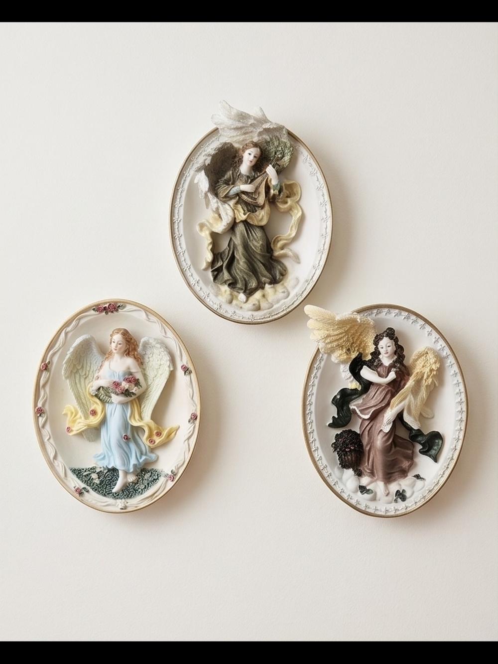Set of 3 Ceramic Angel Wall Plaques - Pastel Blue, Olive, Brown